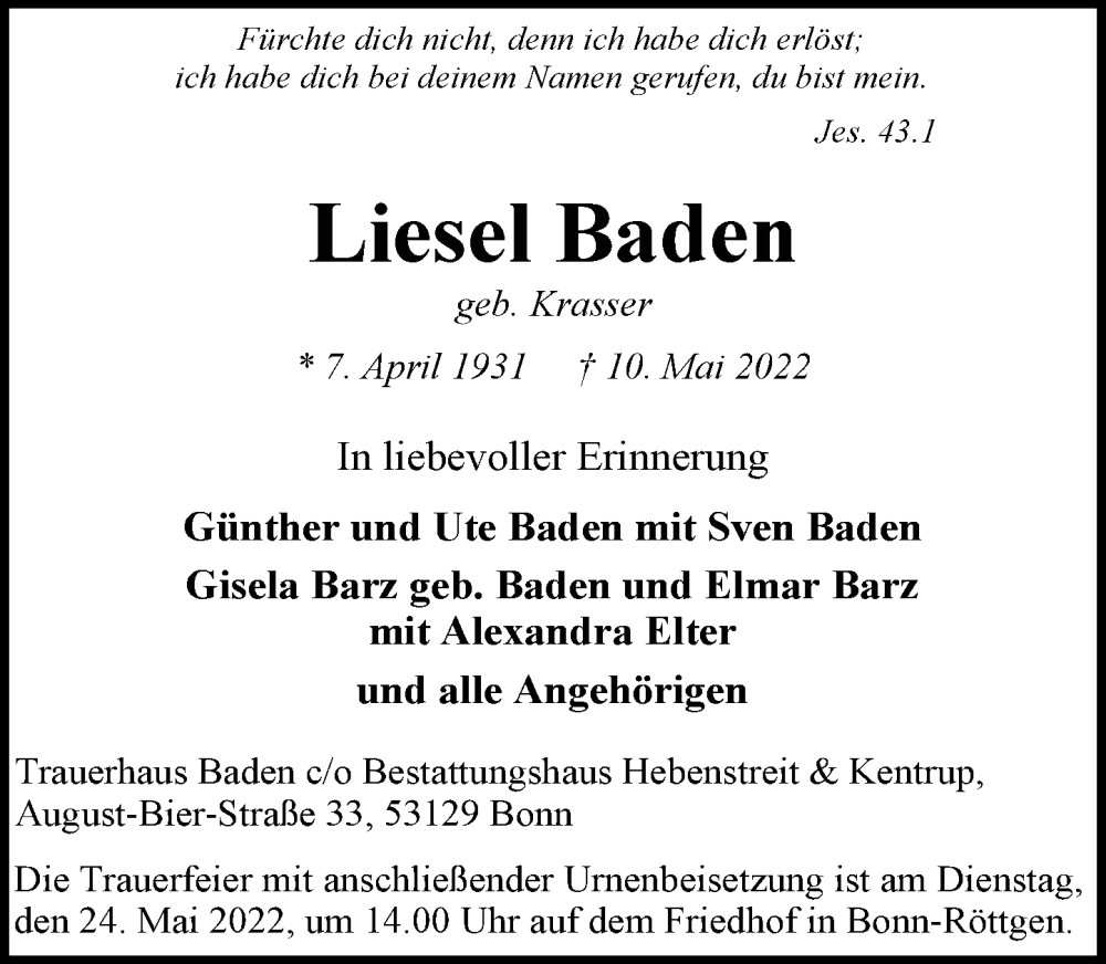  Traueranzeige für Liesel Baden vom 14.05.2022 aus General-Anzeiger Bonn