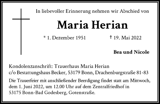 Anzeige von Maria Herian von General-Anzeiger Bonn