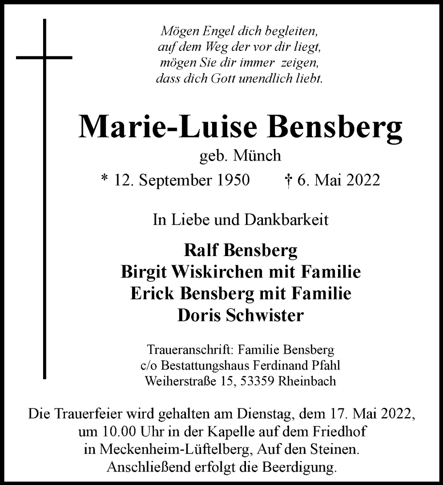  Traueranzeige für Marie-Luise Bensberg vom 14.05.2022 aus General-Anzeiger Bonn