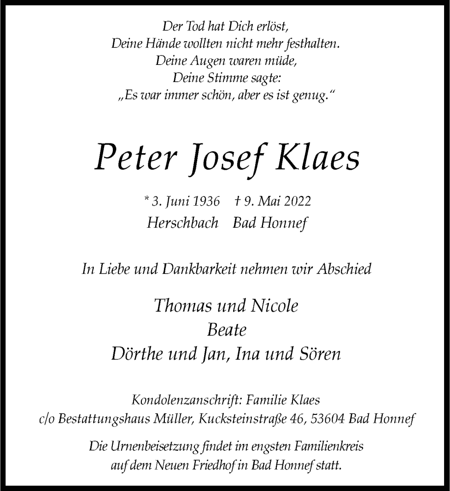  Traueranzeige für Peter Josef Klaes vom 14.05.2022 aus General-Anzeiger Bonn
