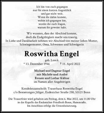 Anzeige von Roswitha Engel von General-Anzeiger Bonn