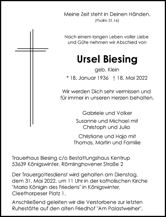 Anzeige von Ursel Biesing von General-Anzeiger Bonn