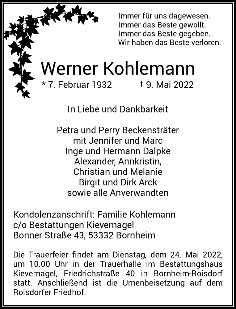  Traueranzeige für Werner Kohlemann vom 14.05.2022 aus General-Anzeiger Bonn