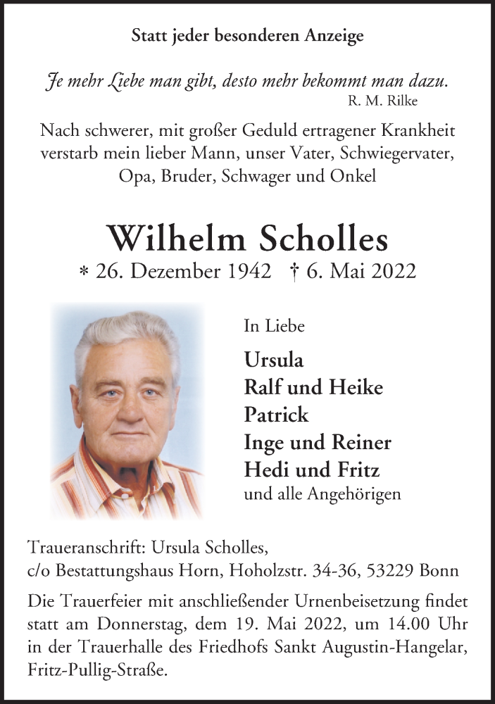  Traueranzeige für Wilhelm Scholles vom 14.05.2022 aus General-Anzeiger Bonn