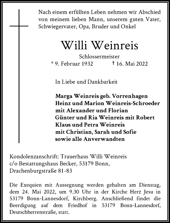 Anzeige von Willi Weinreis von General-Anzeiger Bonn