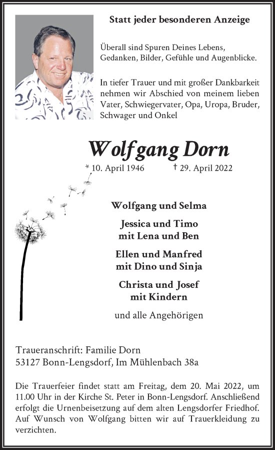 Anzeige von Wolfgang Dorn von General-Anzeiger Bonn