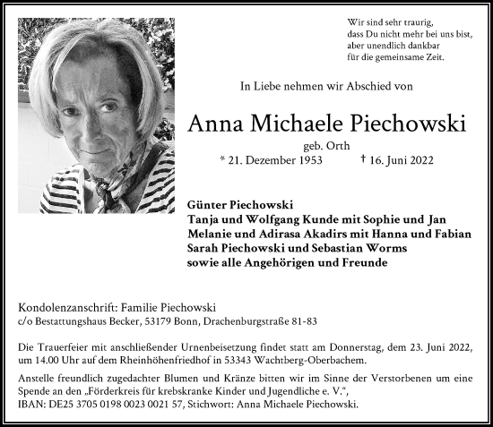Anzeige von Anna Michaele Piechowski von General-Anzeiger Bonn