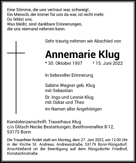 Anzeige von Annemarie Klug von General-Anzeiger Bonn