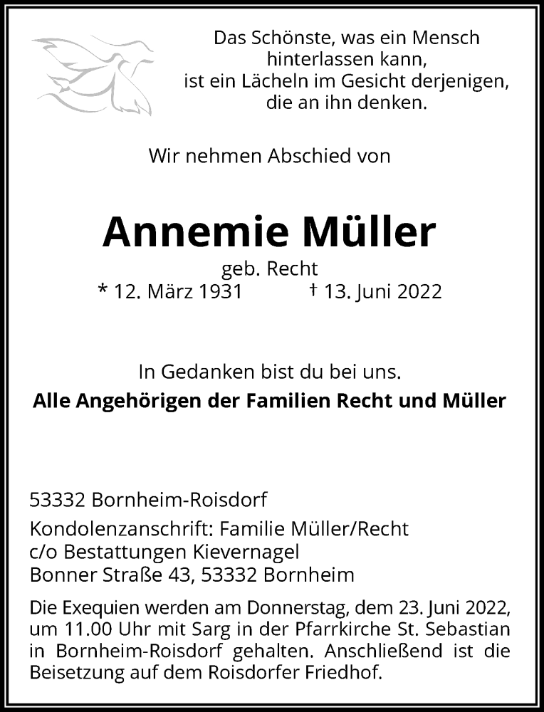  Traueranzeige für Annemie Müller vom 18.06.2022 aus General-Anzeiger Bonn