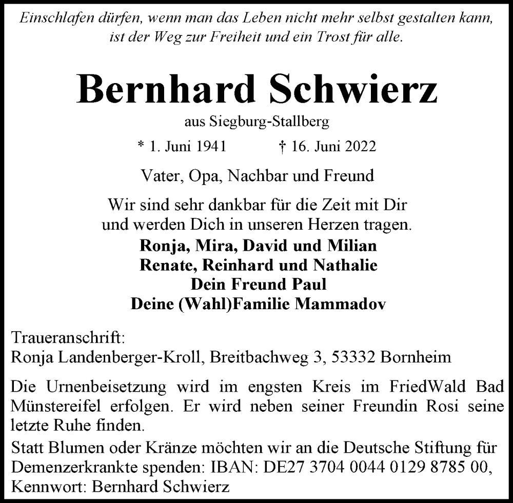  Traueranzeige für Bernhard Schwierz vom 18.06.2022 aus General-Anzeiger Bonn