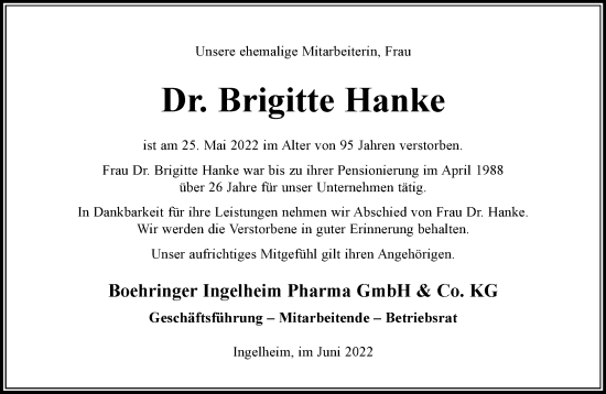 Anzeige von Brigitte Hanke von General-Anzeiger Bonn