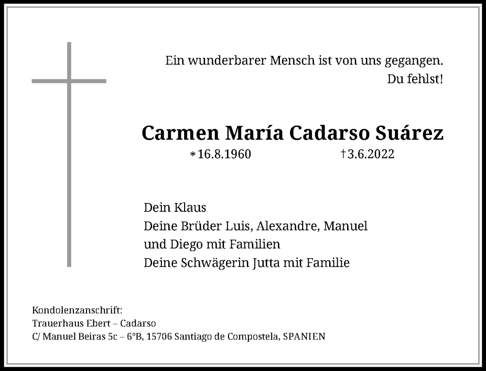  Traueranzeige für Carmen Maria Cadarso Suärez vom 11.06.2022 aus General-Anzeiger Bonn