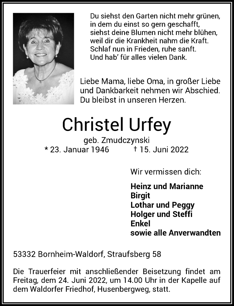  Traueranzeige für Christel Urfey vom 18.06.2022 aus General-Anzeiger Bonn
