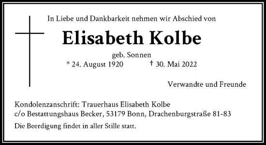 Anzeige von Elisabeth Kolbe von General-Anzeiger Bonn