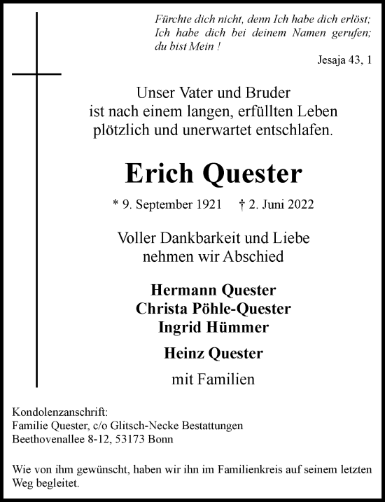 Anzeige von Erich Quester von General-Anzeiger Bonn
