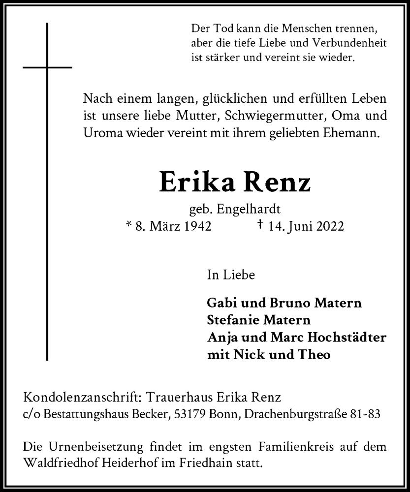  Traueranzeige für Erika Renz vom 18.06.2022 aus General-Anzeiger Bonn