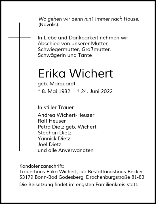 Anzeige von Erika Wichert von General-Anzeiger Bonn