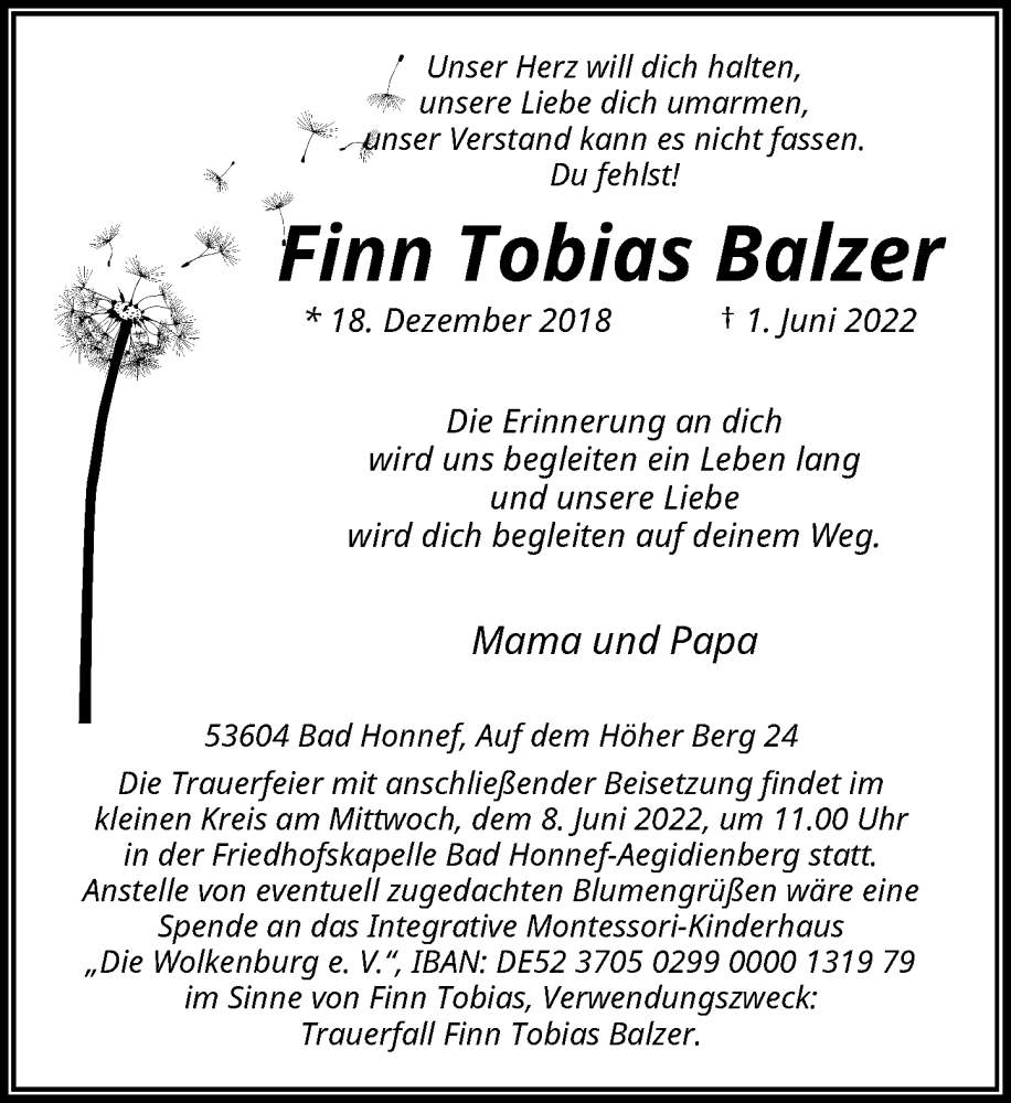  Traueranzeige für Finn Tobias Balzer vom 04.06.2022 aus General-Anzeiger Bonn