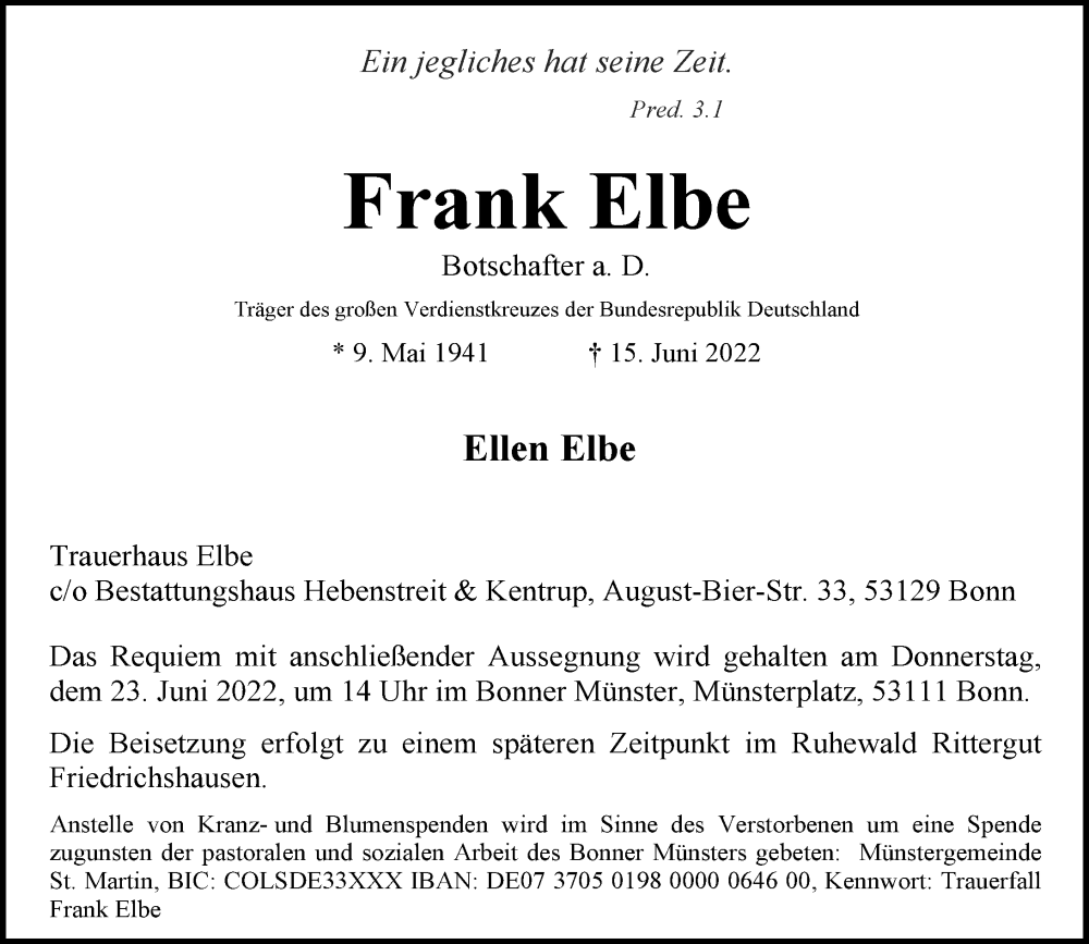  Traueranzeige für Frank Elbe vom 18.06.2022 aus General-Anzeiger Bonn