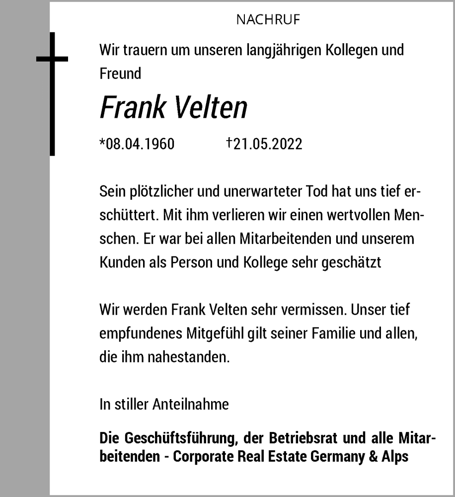  Traueranzeige für Frank Velten vom 04.06.2022 aus General-Anzeiger Bonn