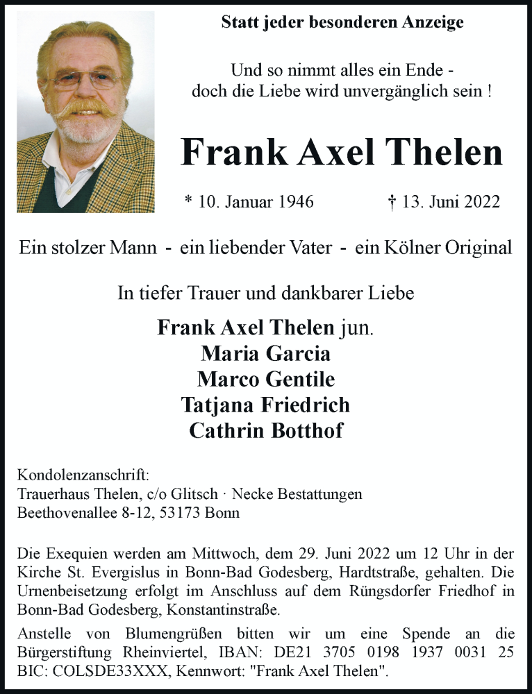  Traueranzeige für Frank Axel Thelen vom 18.06.2022 aus General-Anzeiger Bonn
