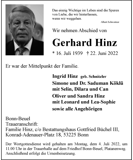 Anzeige von Gerhard Hinz von General-Anzeiger Bonn