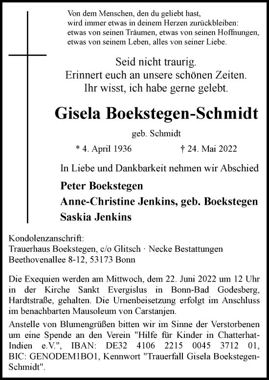 Anzeige von Gisela Boekstegen-Schmidt von General-Anzeiger Bonn