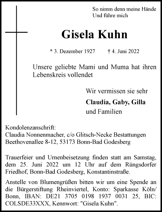 Anzeige von Gisela Kuhn von General-Anzeiger Bonn
