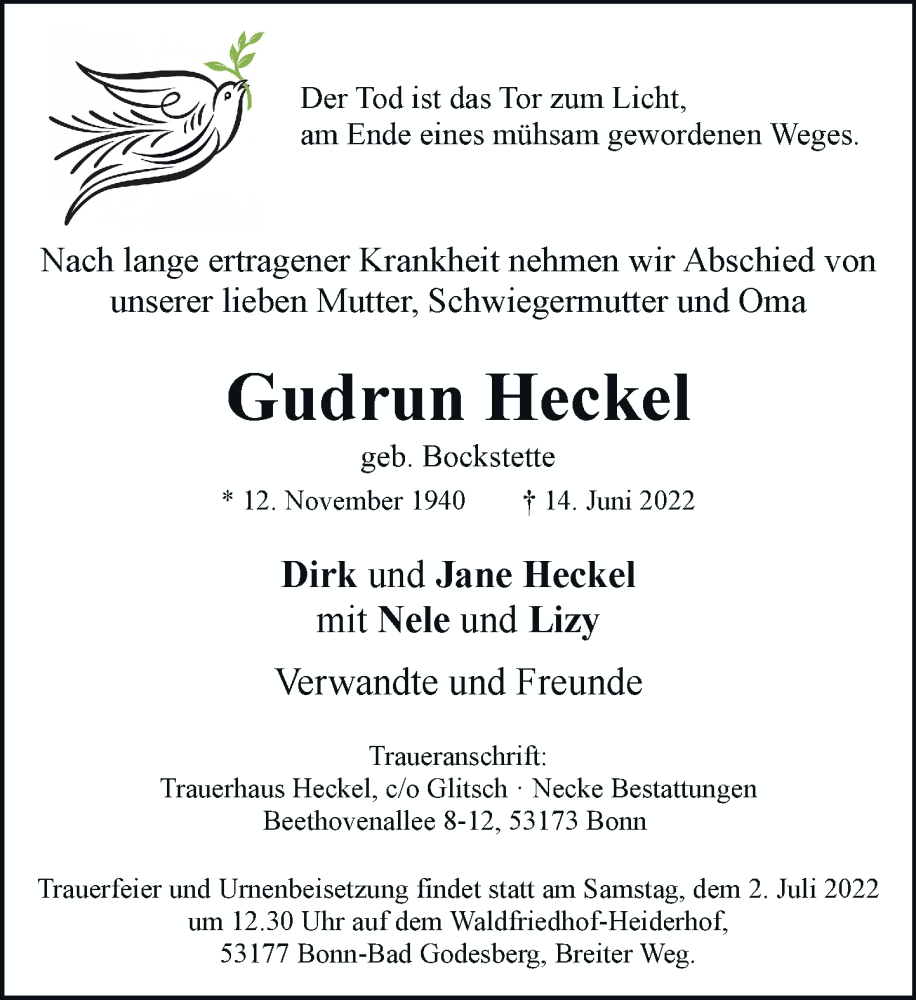  Traueranzeige für Gudrun Heckel vom 18.06.2022 aus General-Anzeiger Bonn