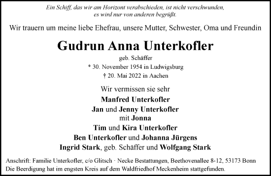 Anzeige von Gudrun Anna Unterkofler von General-Anzeiger Bonn