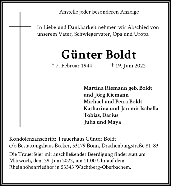 Anzeige von Günter Boldt von General-Anzeiger Bonn