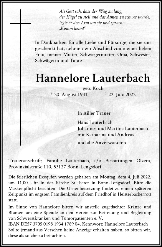 Anzeige von Hannelore Lauterbach von General-Anzeiger Bonn