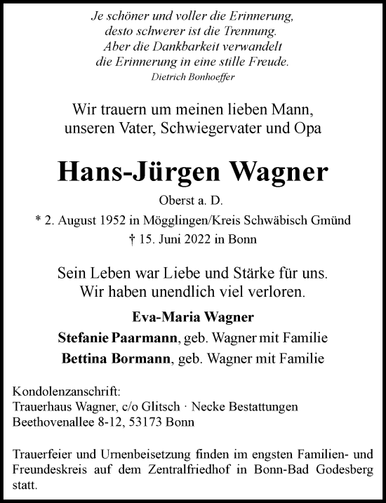 Anzeige von Hans-Jürgen Wagner von General-Anzeiger Bonn