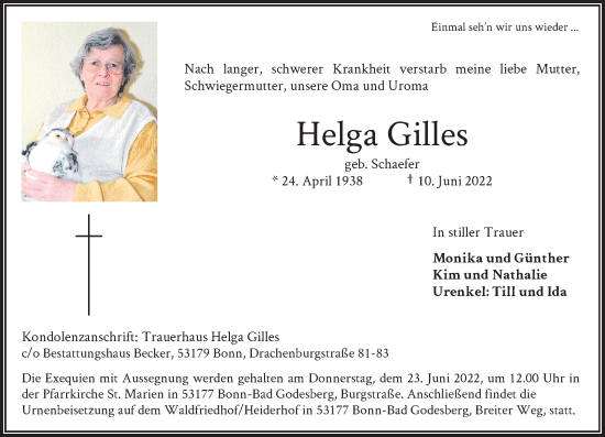 Anzeige von Helga Gilles von General-Anzeiger Bonn