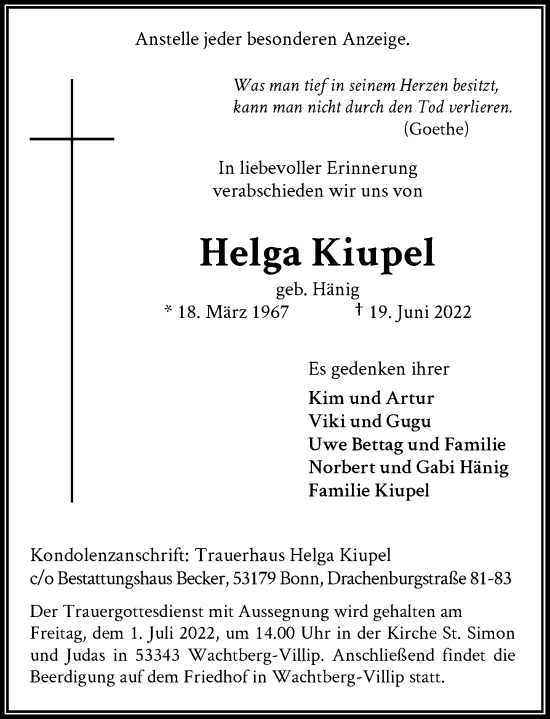 Anzeige von Helga Kiupel von General-Anzeiger Bonn