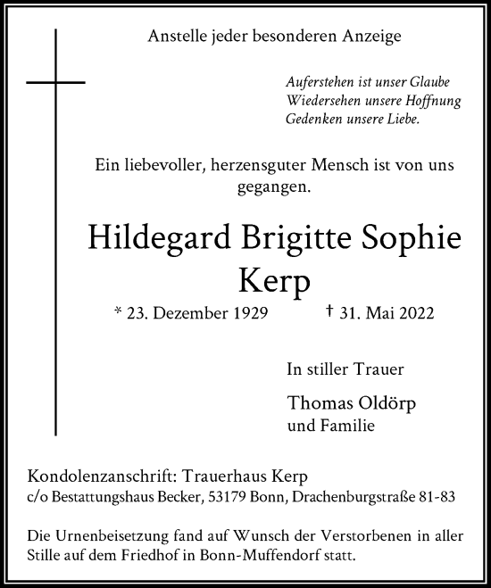Anzeige von Hildegard Brigitte Sophie Kerp von General-Anzeiger Bonn