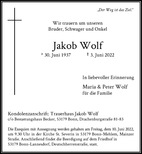 Anzeige von Jakob Wolf von General-Anzeiger Bonn