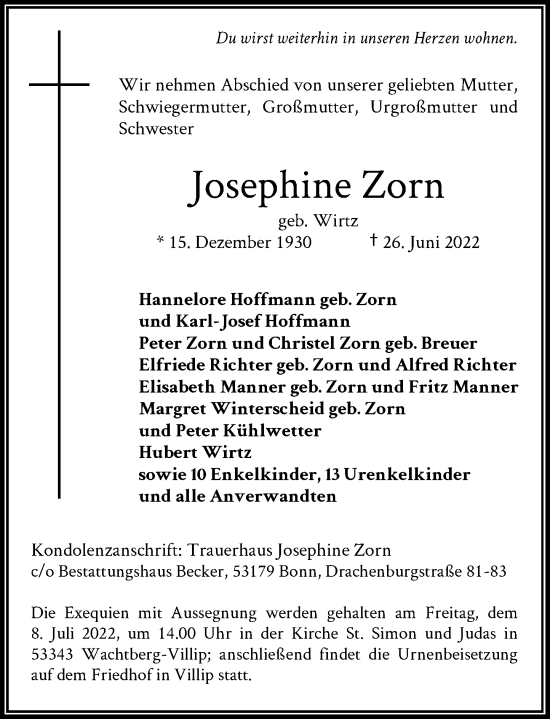 Anzeige von Josephine Zorn von General-Anzeiger Bonn