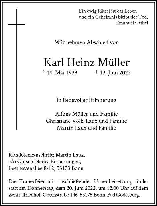 Anzeige von Karl Heinz Müller von General-Anzeiger Bonn