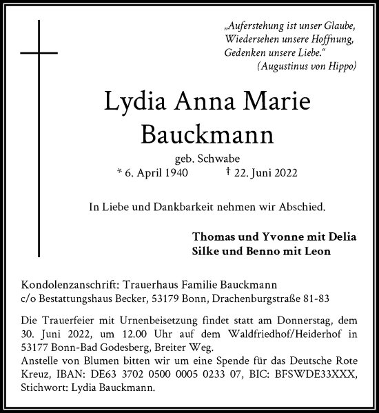 Anzeige von Lydia Anna Marie Bauckmann von General-Anzeiger Bonn