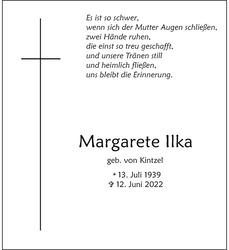  Traueranzeige für Margarete Ilka vom 18.06.2022 aus General-Anzeiger Bonn