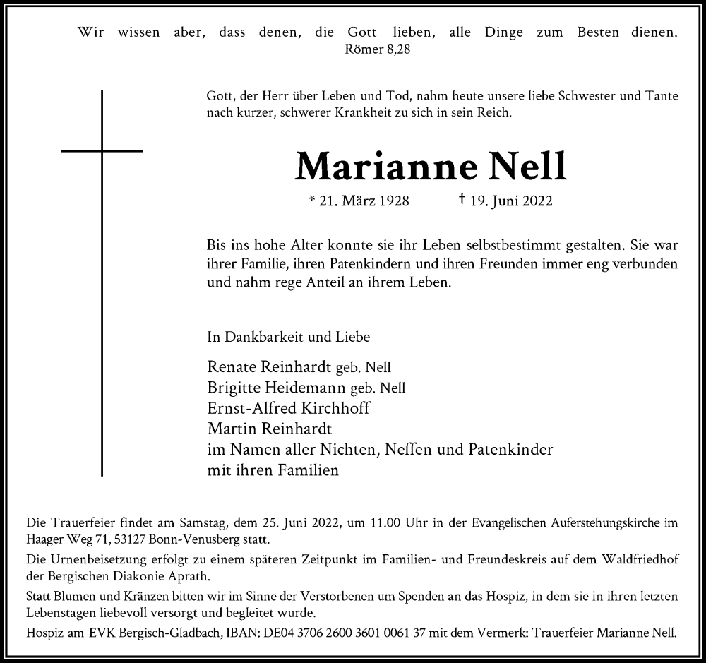  Traueranzeige für Marianne Nell vom 23.06.2022 aus General-Anzeiger Bonn