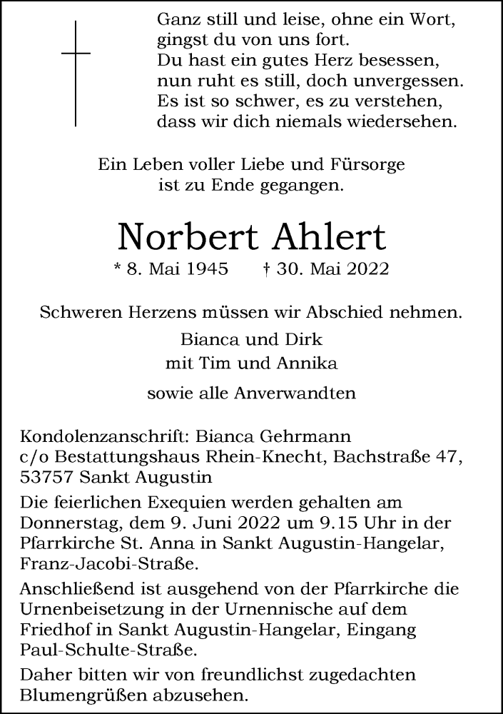  Traueranzeige für Norbert Ahlert vom 04.06.2022 aus General-Anzeiger Bonn