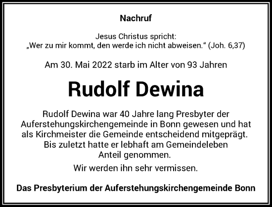 Anzeige von Rudolf Dewina von General-Anzeiger Bonn