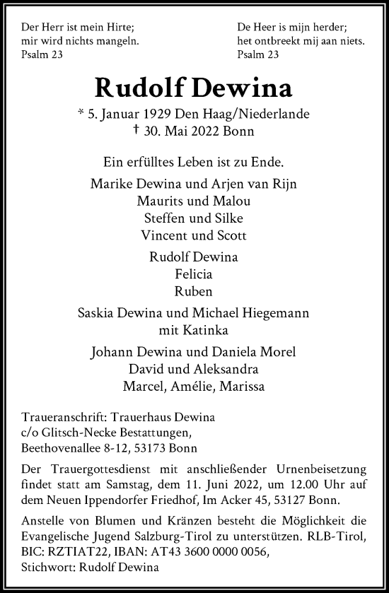 Anzeige von Rudolf Dewina von General-Anzeiger Bonn