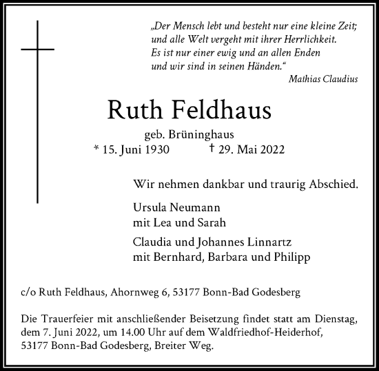 Anzeige von Ruth Feldhaus von General-Anzeiger Bonn
