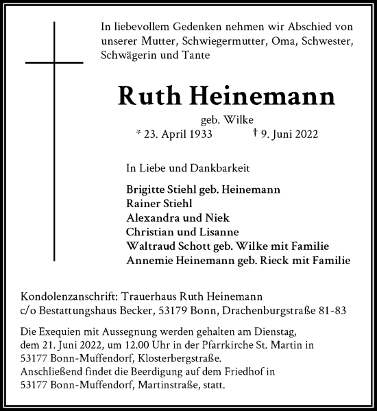 Anzeige von Ruth Heinemann von General-Anzeiger Bonn