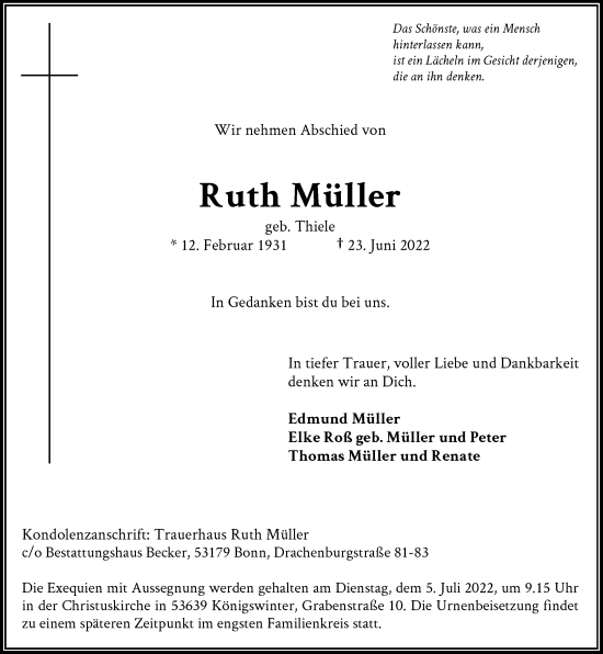 Anzeige von Ruth Müller von General-Anzeiger Bonn