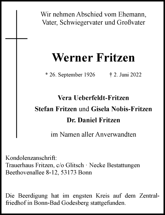 Anzeige von Werner Fritzen von General-Anzeiger Bonn