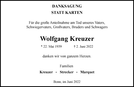 Anzeige von Wolfgang Kreuzer von General-Anzeiger Bonn